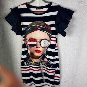 MUY MUY Fancy Collection Women's Striped Graphic T Shirt Dress Ruffle Sleeve